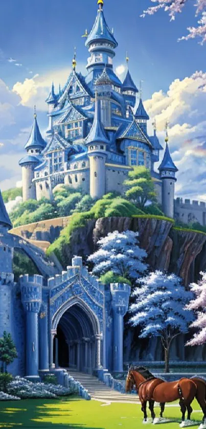 Enchanting blue castle amidst vibrant nature, perfect for a dreamy phone wallpaper.