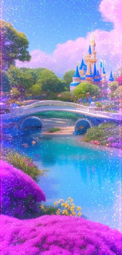 Castle with vibrant gardens and river in fantasy scene.