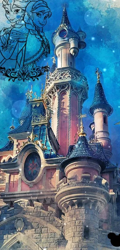 Fantasy castle wallpaper with blue towers and a fairy-tale theme.