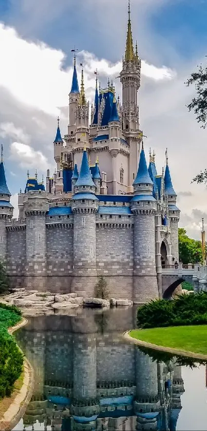 Enchanting castle with blue turrets and reflections in water, under a vivid blue sky.