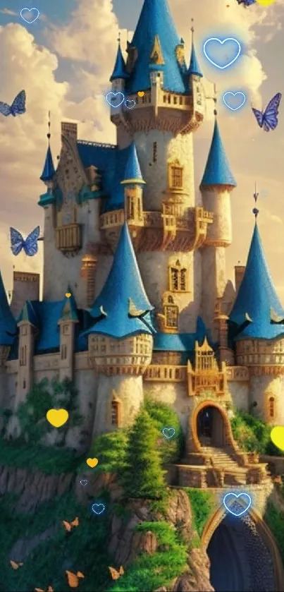 Enchanted blue-roofed castle with butterflies in a magical landscape.