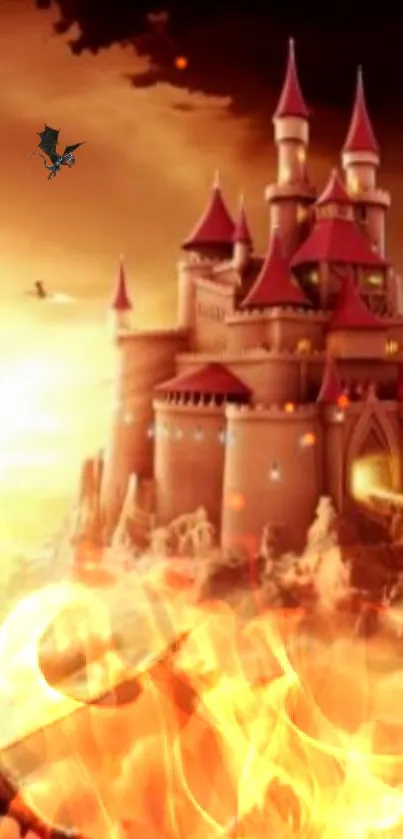 Majestic castle with flames and dragon soaring above.