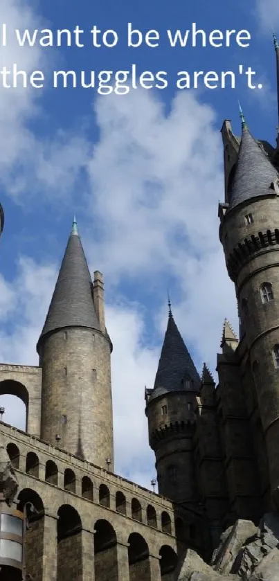 Fantasy castle with towers under a blue sky and clouds, mystical wallpaper.