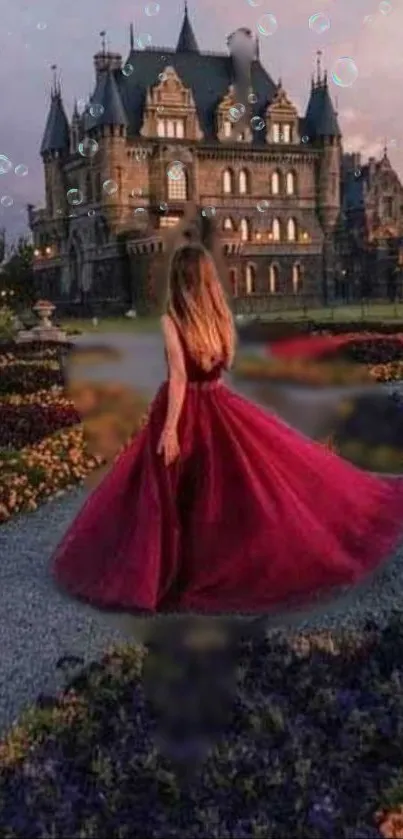 Woman in red dress walking in a magical castle garden.