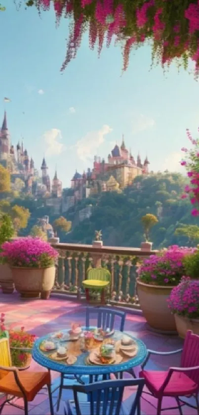 Colorful garden terrace with castle view.