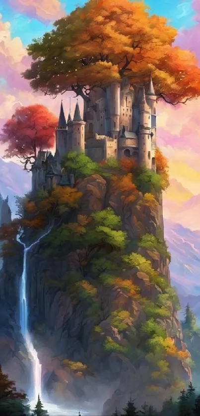 Enchanting castle on a cliff with autumn trees.