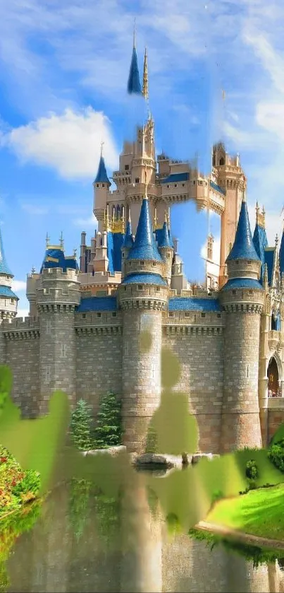 Enchanting castle with blue sky background and turreted towers.