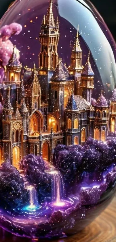 Mystical castle within a glass sphere, surrounded by purple clouds and waterfalls.