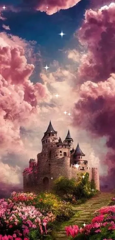 A fairy tale castle under dramatic pink clouds in a floral garden.