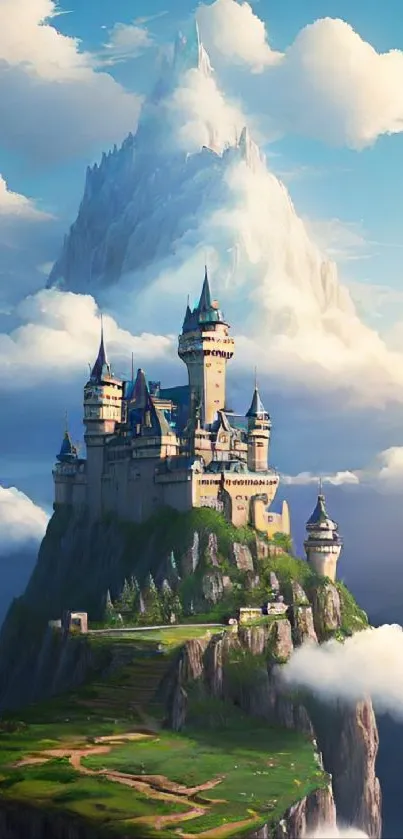 Majestic castle floating among clouds in fantasy setting.