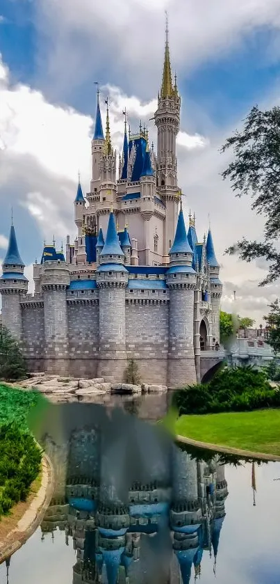 Enchanting castle with reflection in a serene lake, set under a blue sky.