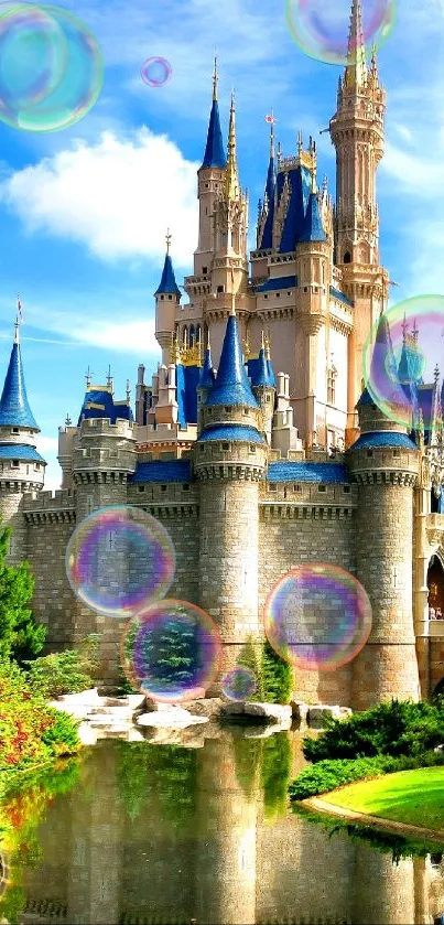 Enchanting castle with blue skies and reflection in the water.