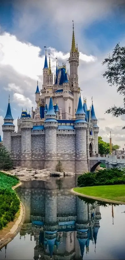 A majestic castle reflected in tranquil waters under a blue sky.