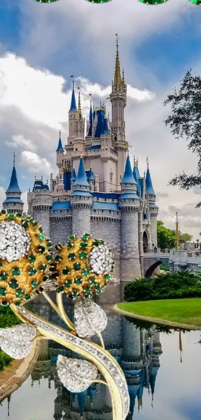 Enchanting fantasy castle with a reflective water foreground.