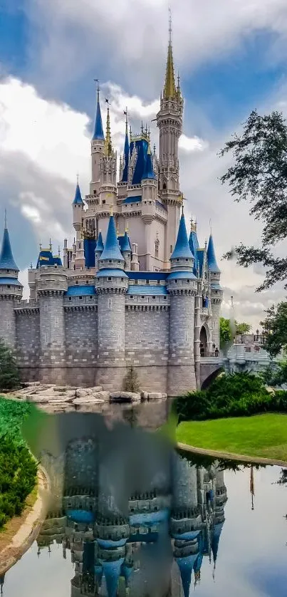 Magical castle with blue towers and reflection in serene water.