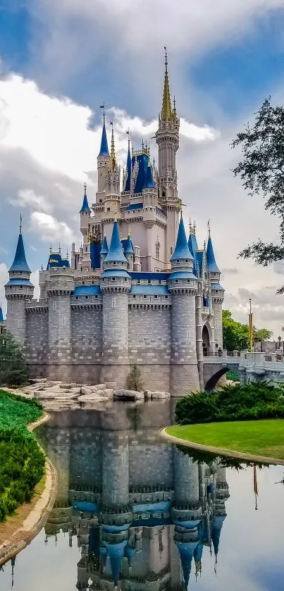 Magical castle with towers reflected in calm water under a blue sky.