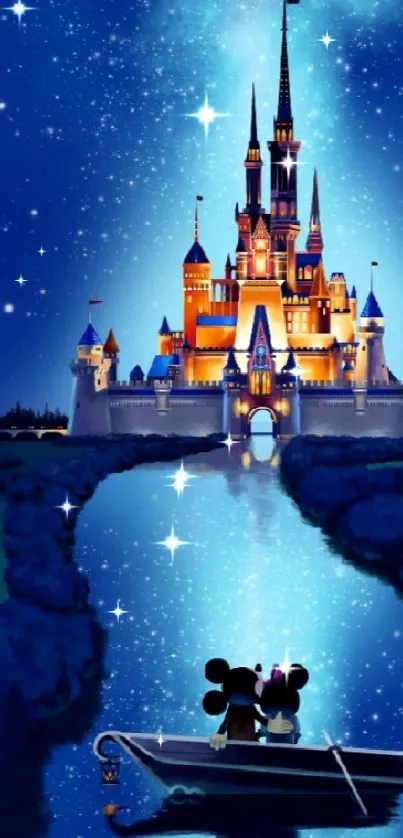 Mystical castle at night with stars and a reflecting river.