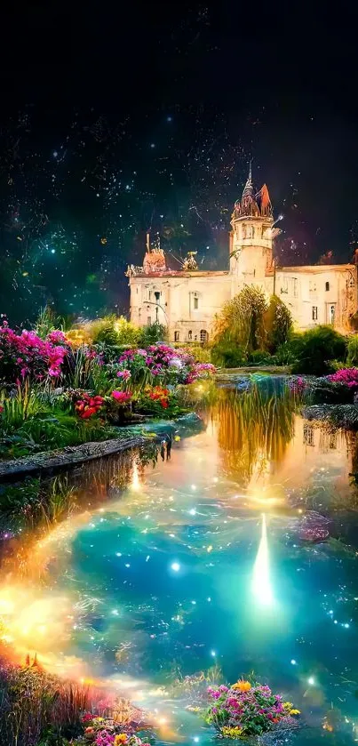 Magical night castle with glowing pond and colorful flowers.