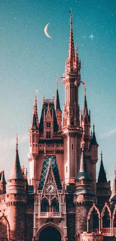 A majestic castle under a starry twilight sky with a crescent moon.