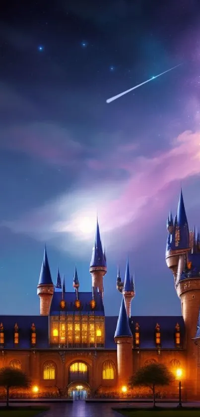 Majestic castle under a starlit night sky with glowing towers and dreamy ambiance.