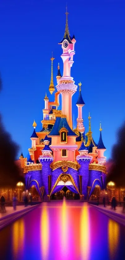 Magical illuminated castle with reflection on a vibrant blue night sky.