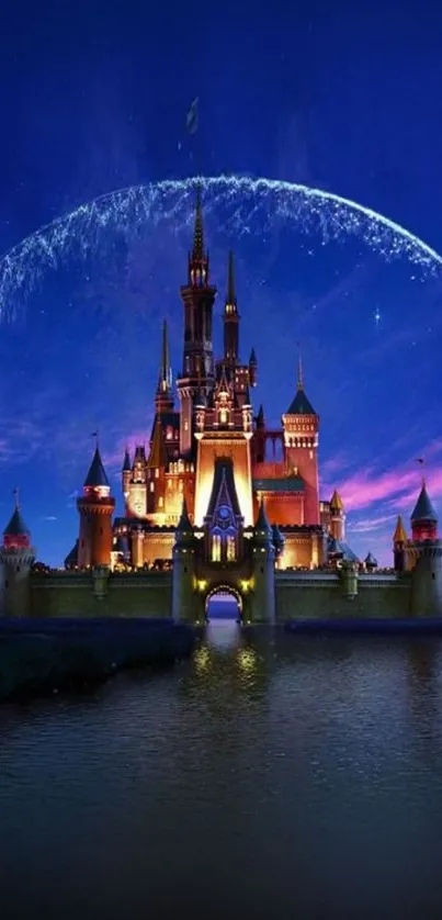 Magical night view of a castle with a starry blue sky reflecting on water.