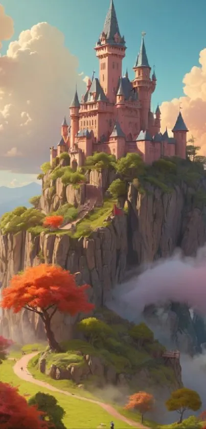 Majestic castle on a cliff with vibrant orange trees.