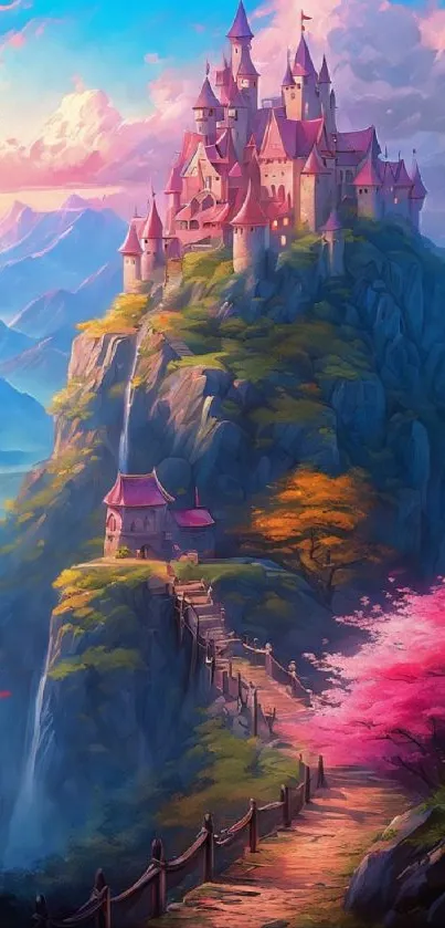 Fantasy castle on a hill with vibrant colors and dramatic sky backdrop.