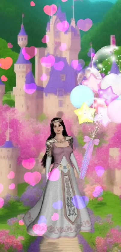 Fantasy princess in front of enchanting fairytale castle with colorful balloons.