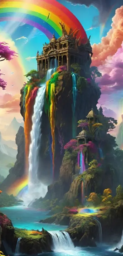 Fantasy castle with rainbows and waterfalls amid vibrant scenery.