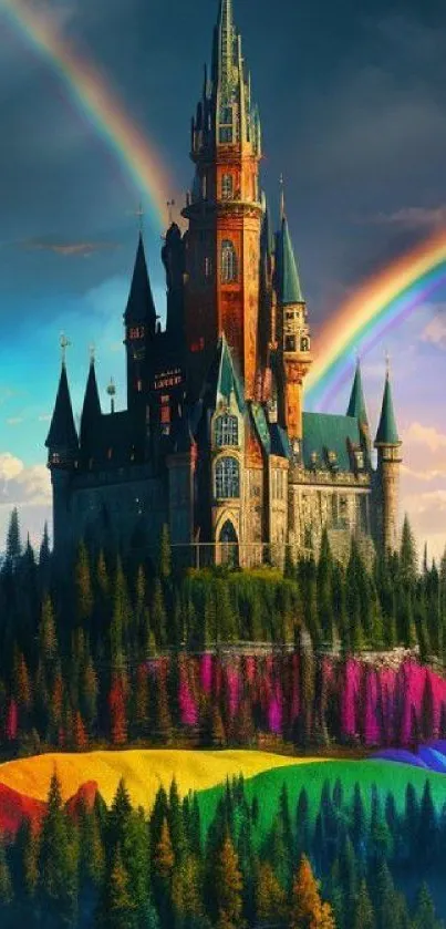 A majestic castle with vibrant rainbows in the background.