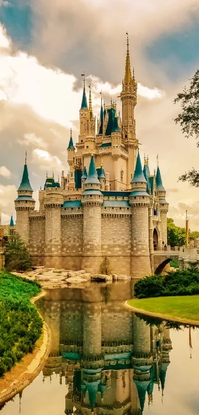 Enchanting castle reflected in serene water with lush surroundings.