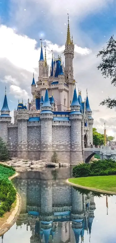 Fairytale castle with reflection in water and blue sky background.