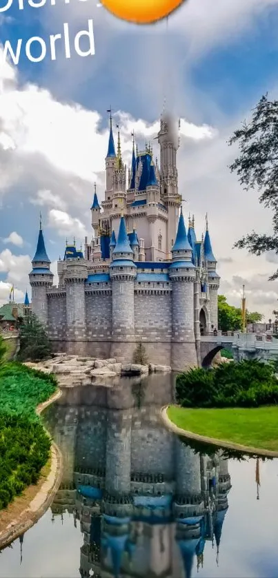 Enchanting reflection of a fairytale castle under blue skies.