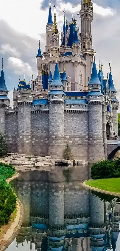 Enchanting castle reflected in calm water with blue sky.