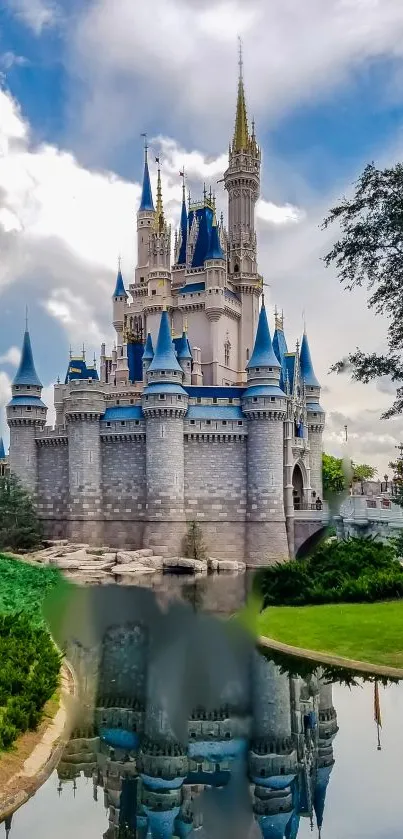 Fairy tale castle with reflection in a pond, surrounded by greenery and a blue sky.