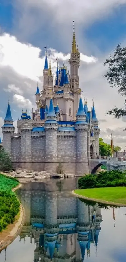 Fairytale castle reflected in a tranquil lake under a vibrant blue sky.