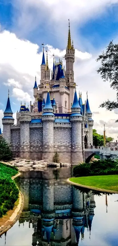 Majestic castle with a watery reflection under a vibrant blue sky.