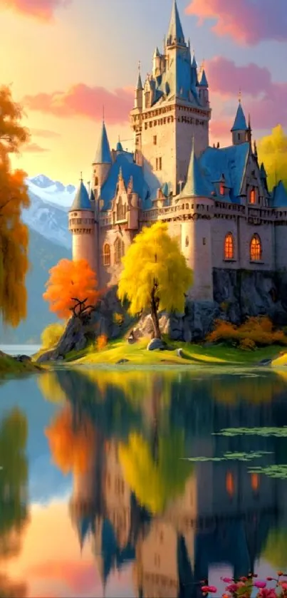 Majestic castle with autumn reflection in a serene lake landscape.