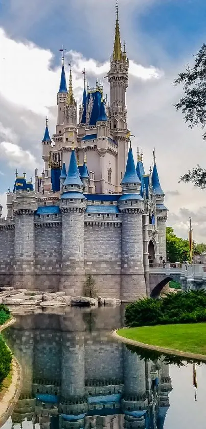 Majestic castle with blue turrets reflected in a tranquil moat under a dynamic sky.