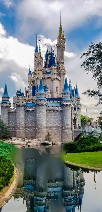 Enchanting castle with reflection under a bright blue sky.