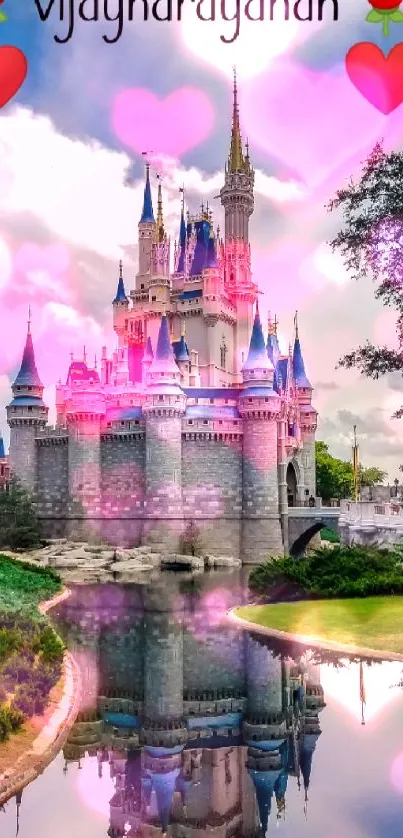 Beautiful castle reflecting in water with vibrant blue sky.