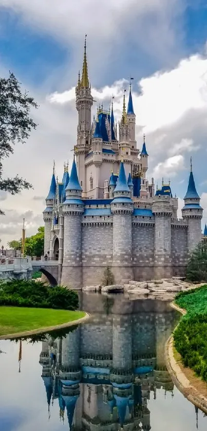 Majestic castle with reflection on tranquil water under a vibrant sky.