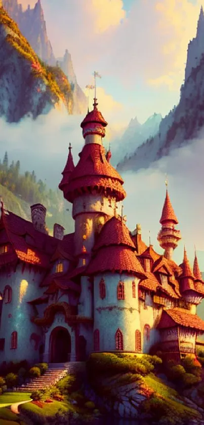 Fairytale castle amidst mountains under a vibrant sky.