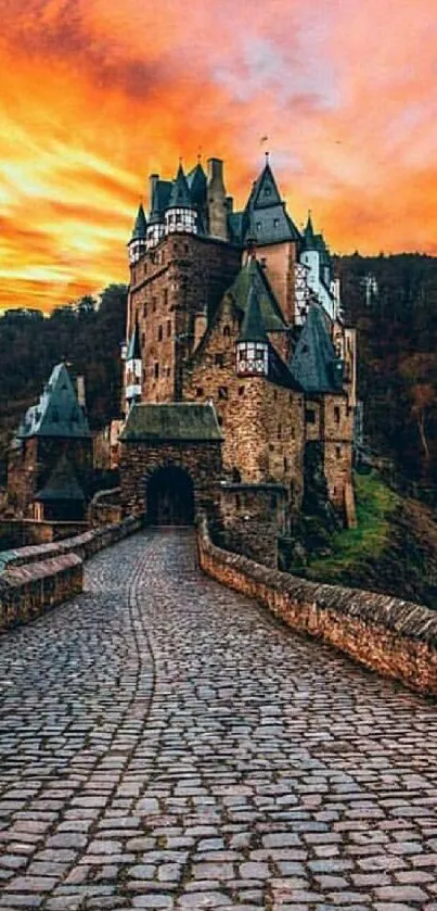 Enchanting castle against a vibrant sunset sky.