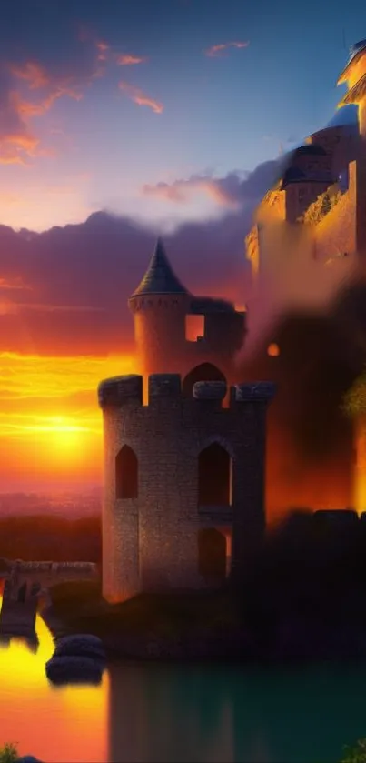 Enchanting sunset view of a mystical castle by the water.