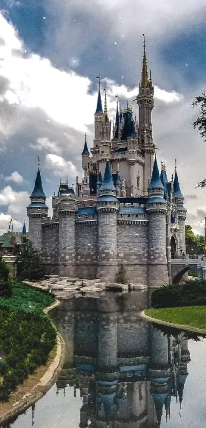 Enchanting castle with reflection in a serene landscape, perfect for phone wallpaper.