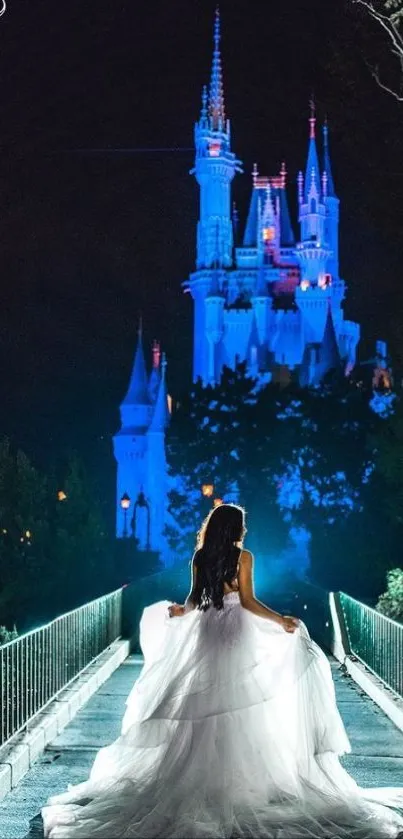 A woman in a gown gazes at a lit-up castle, creating a magical night scene.