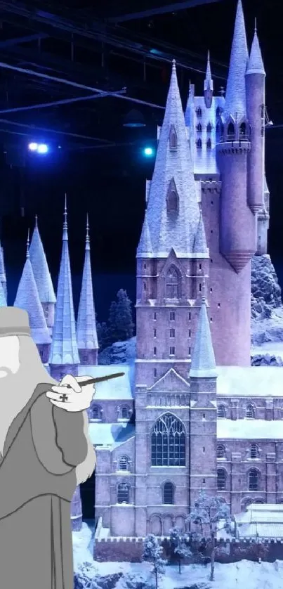 Snow-covered castle with animated figure at night.