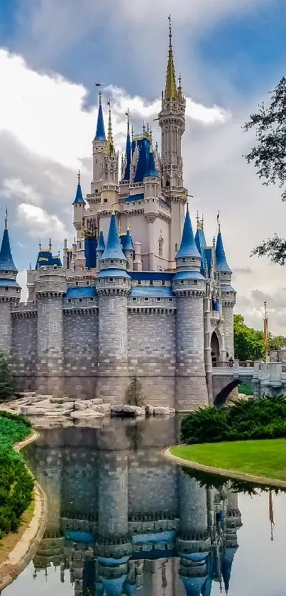 Enchanting castle with blue sky reflection, perfect for a mobile wallpaper.